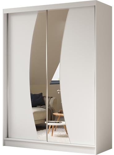 BEAUTY SOFA Vox - Schrank mit Spiegel - Kleiderschrank mit Schiebetüren - Garderobenschrank, Mehrzweckschrank, Flurschrank - 160cm breit - Weiß Matt