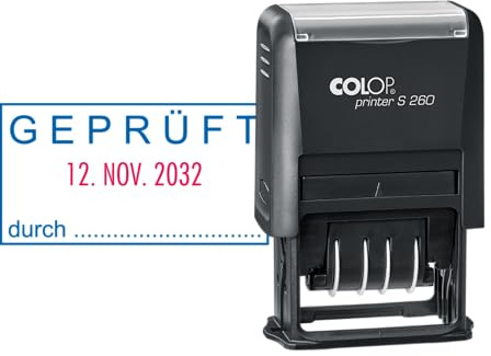 COLOP GEPRÜFT Stempel mit Datum – selbstfärbend – zweifarbiger Abdruck (Datum rot/Text blau) – Printer S 260 – Prüfungsstempel Qualitätssicherung Büro ca. 45 x 24 mm