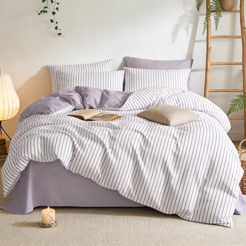 AShanlan Bettwäsche Gestreift 140x200 Lila Weiß Bettbezug Kissenbezug 70x90 | ÖkoTex Bettwäsche-Sets, 110gsm Microfaser, Streifen Wendebettwäsche Set mit Reißverschluss, 2teilig