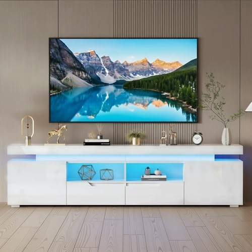 BSTSEL 200CM White High Gloss TV Stand Cabinet Entertainment Unit with 16 Colors LED Lights Free Standing TV Cabinet with Storage for Living Room up to 75 TV (NEW White High Gloss)
