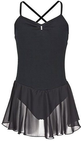 tanzmuster Kinder Ballettkleid Maja - süßer Spaghetti-Träger Ballettbody mit Chiffon Röckchen und Glitzersteinen in schwarz, Größe:164/170