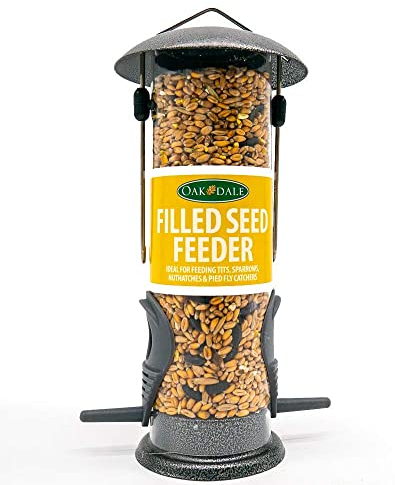 Oakdale Wild Bird Feeder Pre-Filled with Premium Seeds, Large Hanging Metal Frame with Dual Perches, Refillable Lawn and Garden Outdoor Use, Enjoy Birdwatching or Birding