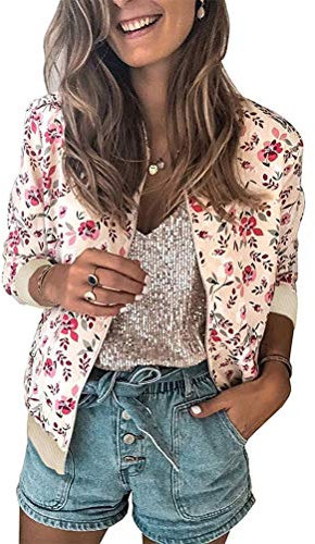 Minetom Blouson Bomber Femme Mode Manteau Mince Biker Moto Zipper Court Fleur Imprimer Veste Chic Printemps Été Blouson Court A Rose Vif L