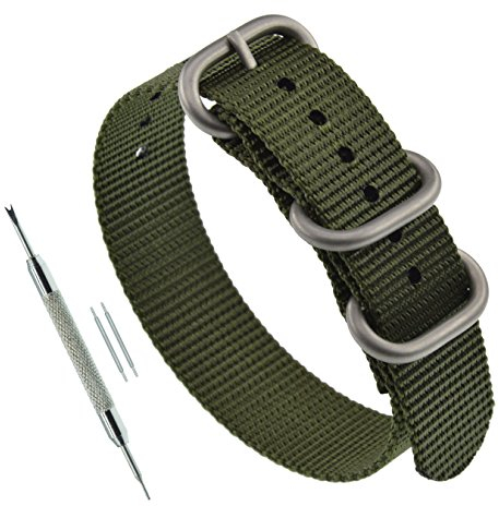 MZBUTIQ 18mm Grün Strap Uhrenarmband Ersatz Extra Lang Herren 3 Ringe Matte Silberne Schnalle