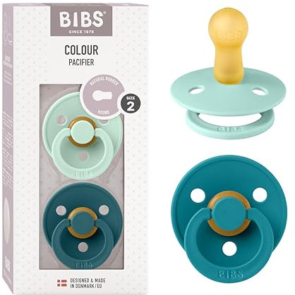 BIBS Colour Schnuller 2er-Pack, BPA-frei, Kirschform Nippel. Naturkautschuk/Latex, Hergestellt in Dänemark. Größe 2 | 6+ Monate | 2-Pack, Nordic Mint/Forest Lake