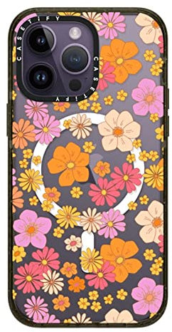 CASETiFY Impact iPhone 14 Pro Max Hülle [4X Falltest in Militärqualität / 2,5 m Fallschutz/Kompatibel mit Magsafe] - Retro Boho Hippie Blumen - Glänzend Schwarz