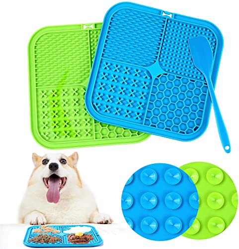 Romon Tapis de Lèche Chien, 2Pcs 20x20cm Tapis Lécher pour Chien avec 1 Spatule Silicone, sans BPA Tapis de Lechage pour Chat avec Ventouse pour Bain, Entraînement, Toilettage (Bleu+Vert)