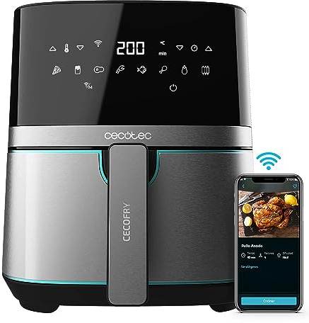 Cecotec Friggitrice ad aria calda 5,5 L Cecofry Full Inox 5500 Connected. 1700 W, friggitrice digitale dietetica in acciaio inox, senza olio, capacità 5,5 l, con tecnologia PerfectCook, app