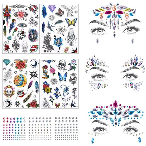 Vinglako 10 Stücke Tattoo Aufkleber Temporäre Tattoo Aufkleber Acryl Kristall Aufkleber, Gesichts Aufkleber Augen, Gesicht, Körper, temporäre Tattoo Aufkleber