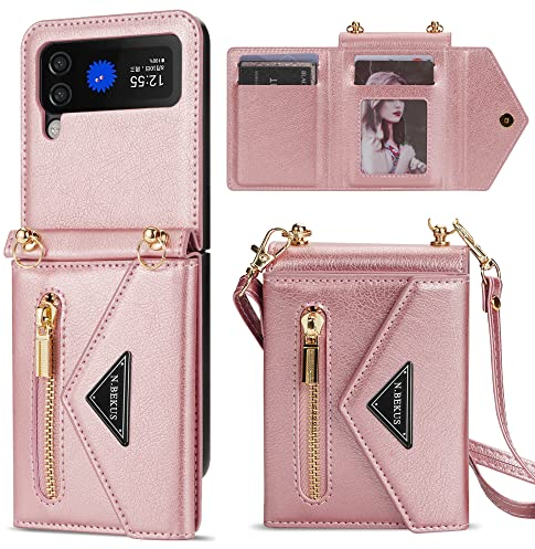 GUVAGI Handyhülle für Samsung Galaxy Z Flip 4 Hülle Case mit Band, Leder Klappbar Klapphülle Flip Case Reißverschluss Stoßfest Schutzhülle Aesthetic Mädchen Handy Hülle mit Kette (Rosa)