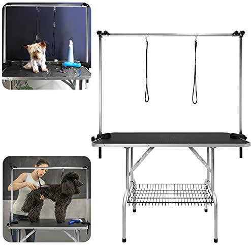 XMTECH Trimmtisch für Hunde, Höhenverstellbar Hundepflegetisch Hundefriseur Tisch Hunde Badetisch Faltbarer Pflegetisch für Hunde Katzen bis 100 KG, 113 x 60 x 174 cm