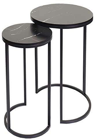 Mendler 2er-Set Beistelltisch HWC-K46, Kaffeetisch Nachttisch Loungetisch, Marmor-Optik MDF - schwarz-schwarz