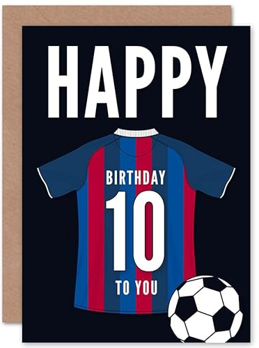 Artery8 Soccer Football 10th Birthday Card for Boys Girls Blue Red Striped Jersey Football Top on Dark Blue Background