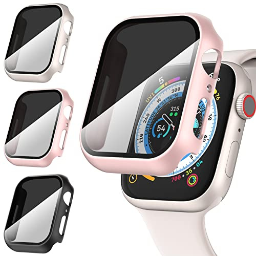 Diruite 3-Stück Hülle für Apple Watch Series 9/8/7 45mm Schutzhülle Anti Spy,Hard PC Rundum Ultradünne Schutz Case Privatsphäre Glas Displayschutz,Schwarz&Starlight&Roségold,45mm