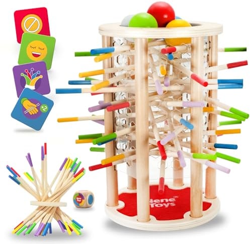 Nene Toys BALLFALL Groß – Montessori Spielzeug ab 3 4 5 6 Jahren – Geschicklichkeitsspiel & Lernspiel aus Holz mit bunten Stäbchen, Würfel & Karten – Kinderspiel, Geschenk Jungen Mädchen ab 3 Jahren