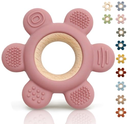 CAJA Beißring Blume Baby Zahnungshilfe Beißspielzeug aus Silikon Holz BPA frei Greifring mit strukturierten Oberflächen sicheres sensorisches Babyspielzeug Geschenkidee zur Geburt Jungen und Mädchen