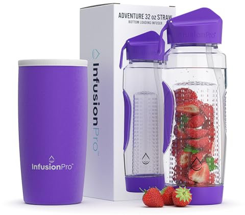 Infusion Pro 32 oz Fruit Infuser Water Bottle with Straw Lid : Insulated Sleeve : 50 Recipe Fruit Infusion eBook : Bottom Loading, Large Water Infuser for More Flavor : Unique Gift Idea