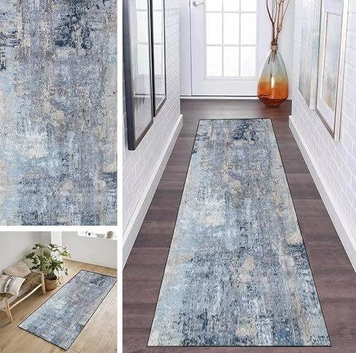 ZDYHMrj Läufer Teppich Lang Flur rutschfest Waschbar 40X80CM Küche Korridor TeppichLäufer für Flur Grau Blau Schlafzimmer Wohnzimmer Polyester Teppichmatte Dauerhaft, Anpassbar Küchenteppich