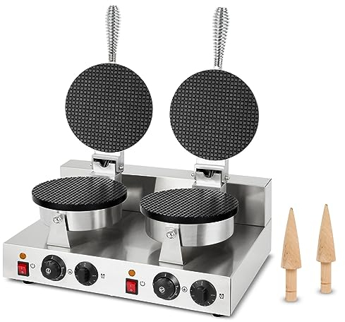 VERTES Gaufrier double, Appareil Cornets de Glace Professionnel, 48 Pièces/Heure, 2 Cônes de moulage, Réglable 0-300°C, Minuterie, Anti-Adhérent, Cornetterie en Fonte Boîtier inox, Waffle Maker 2000 W