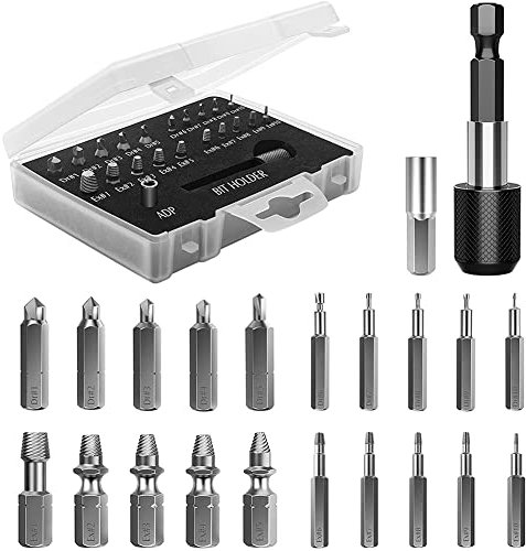 JIVIMOCO Juego de Extractor de Tornillos DañAdos, Juego de Extractor de Tornillos Pelados de 22 Piezas, Juego de Extractor de Tornillos Rotos HSS con Adaptador de Broca y Enchufe