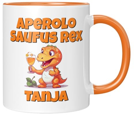 TassenTicker TASSENTICKER - Aperol Saufus Rex - Personalisiert - Wunschnamen - Kaffeetasse - Geschenk für Kollegin, Freundin, Arbeitskollegin - lustig - Tasse - Büro - Orange