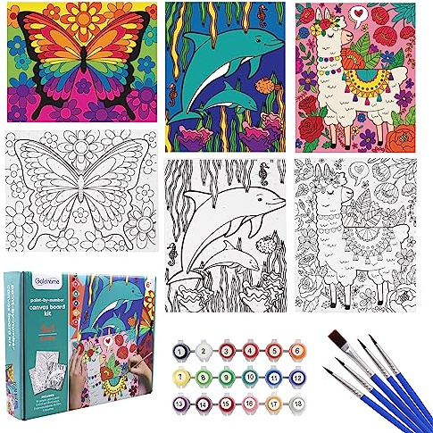 goldentime 3 Pack Kids Paint by Numbers Kit, Pre-Drawn Canvas Painting, Includes 8x10 inch Framed Canvas with 18 Acrylic Paints, 5 Brushes, Perfect Creative Gifts & Arts and Crafts for Kids