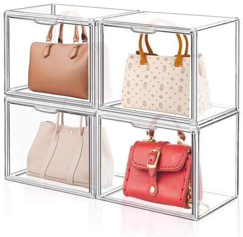 PLECUPE 4 Stück Transparenter Aufbewahrungsbox Schaukasten Acryl,40x25x30cm Acrylbox, Stapelbare Acryl Vitrine, Plexiglas Box, Schaukasten Vitrine für Handtaschen Aufbewahrung Buch Spielzeug