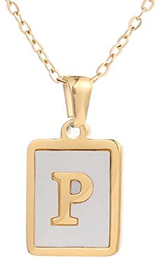 Men Jewelry Opal 26 Letters Necklace Square Letter Necklace Gold Color with Shells Titanium Steel English Pendant Necklace Necklaces with The Letter A (P, One Size)