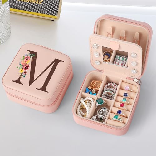 TINGN Kleine Schmuckschatulle mit Anfangsbuchstaben M und Blume Initiale Schmuckkästchen Travel Organizer Box Geschenke für Damen Mädchen Geschenke für Weihnachten Geburtstage Hochzeit Brautjungfer