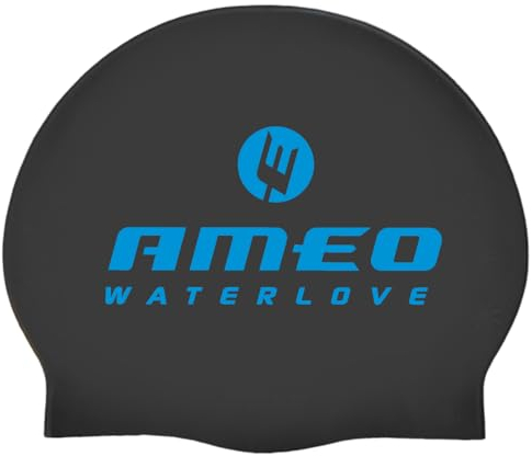 AMEO Premium Silikon-Badekappe WATERLOVE – Swim Cap elastisch & strapazierfähig – Ideal für alle Kopfgrößen – wasserdichte, komfortable Schwimmhaube, Black/Cyan