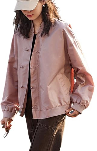 AUHAIEM Damen FrüHlingsjacke Aus Satin Im Chinesischen Stil Retro Knopf Lose Langarm Runde Krawattentasche Solide Einfache Jacke,Rosa,2XL