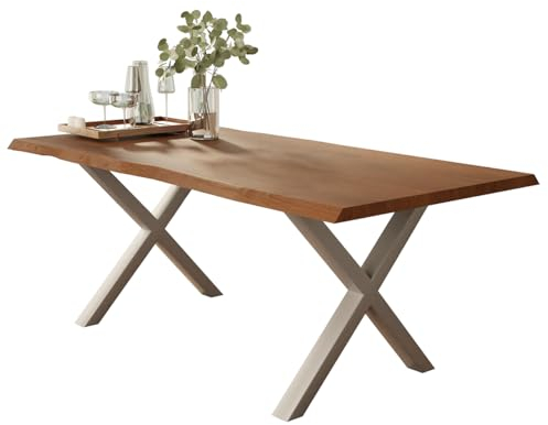 Liadomo Esstisch Isa Nuss - Tisch mit Baumkante aus Massivholz - 26mm Tischplatte Lackiert - Robust & Pflegeleicht - Unikat - X-Gestell Metall, Silber (80 x 140 x 73 cm)