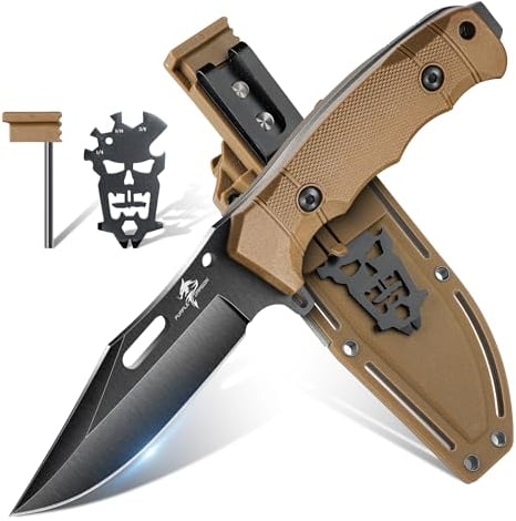 Purple Dragon Khaki Outdoor Messer mit Kydex Scheide, Full Tang Outdoor Messer Feststehend aus einem Stück D2 Stahl, Survival Messer für Bushcraft Camping Geschenke für Männer