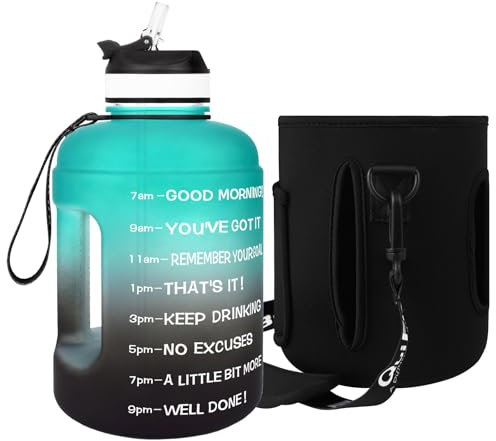 QuiFit 3.78/2.2 Litre Motivational Water Bottle - with Straw & Time Marker,Wide Mouth,BPA Free,Reusable,Ideal for Gym,Outdoor Sport,Home & Office (Green Black with Sleeve, 2.2 Liter)