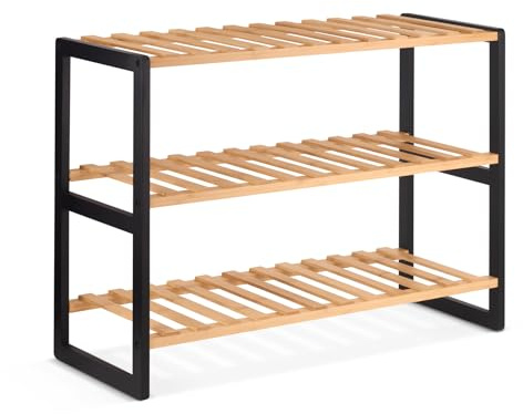 woodluv 3 Tier Natural Wooden Shoe Rack Stand Shelf Shelving Hallway, Bedroom, Bathroom, Living Room Organizer Holder Storage, Natural & Black Shade, 70x26x55(H) cm