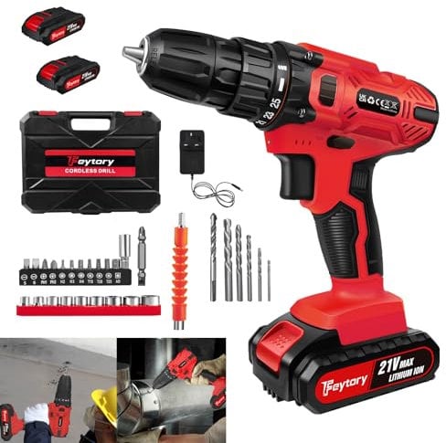 Red 21V Cordless Drill Driver - 45N.m Max Power, 2 Speed, LED Light, 29PCS Electric Screwdriver Drill Kit With 2 Batteries, 25+1 Torque