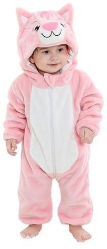 Baby Overall Winter Baby Strampler Warm Flanell Dinosaurier Einhorn Kostüme für Baby, Cute Onesie Schlafanzug Kapuze Kinder Pyjamas Schlafsack mit Ärmel Füßen Katze Rosa 70(0-6 Monate)