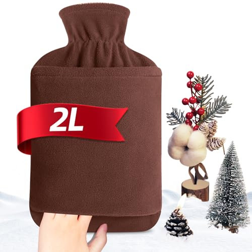 MUPAS Hot Water Bottle with Fleece Cover - 2L Large Leakproof Hot Water Bag - Soft Hot Water Bottle with Hand Pocket and Natural Rubber -for Hands, Feet, Shoulders, Neck, Abdomen, Legs (Brown)