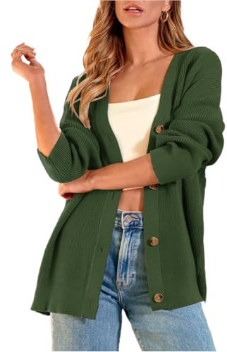 Zeagoo Femme Gilet Manches Longues Cardigan Elégant Ouverture sur Le Devant Veste Col en V avec Boutons Manteau Sweater Vert Armée S