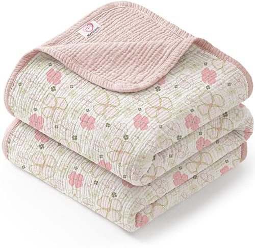 Bearmoss Musselin Decke Baby 100% Babydecke Baumwolle Baby Decken Neugeborenen,Weiche Krabbeldecke für Kinder,Musselin Schlafdecken für Kleinkinder Mädchen Junge 120x120cm (Rosa Druck)
