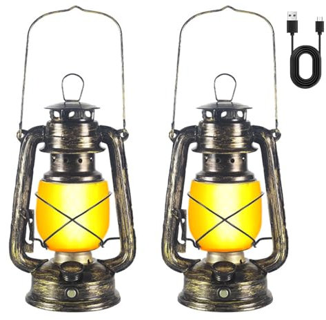 LED Vintage Laternen Set, 2 Stück mit Realistischer Flackerflamme, Vintage LED Laterne mit Touch-Switch, Hängende Gartenlaterne für Außen, Campinglaterne, Vintage Lampe für Inneneinrichtung und Balkon