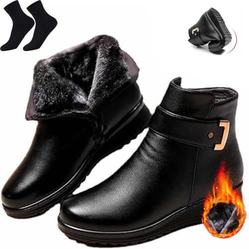 HESYSUAN Stivali ortopedici da donna in vera pelle con fibbia in metallo, stivali ortopedici invernali in calda pelle di velluto per mamma anziana (nero B, 42./)