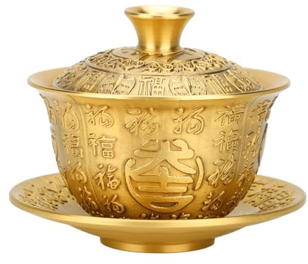 Tomotato 300ml Gaiwan Service à Thé en Laiton, Tasse à Thé Kung Fu avec Soucoupe et Couvercle, Service à Thé Chinois Traditionnel pour Décoration de Fête de Cérémonie