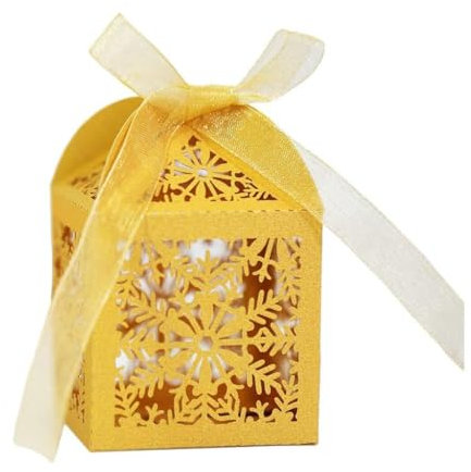 50pcs Christmas Snowflake Hollow Favor Candy Box With Ribbon Wedding Party