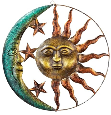 Zerodeko Sun Moon Pendant Wall Hanging Decor Metal Wall Ornament for Home Garden Patio Porch Fence Outdoor Art Decorative Hanging Adornment for Living Room and Photography Prop