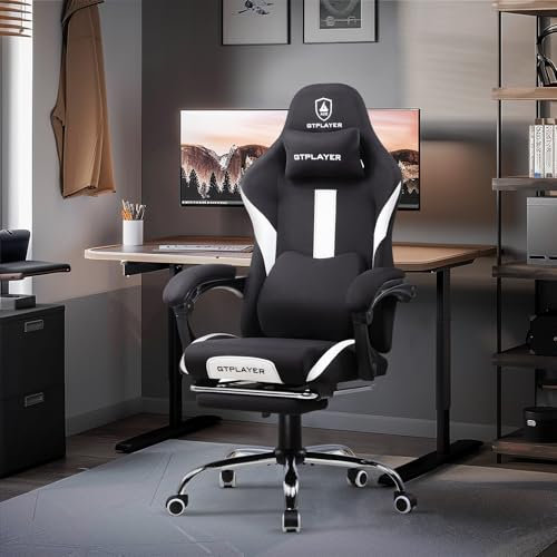 GTPLAYER Gaming Stuhl, Gamer Stuhl, Atmungsaktiver Bürostuhl aus Hochwertigem Stoff, Ergonomischer PC-Stuhl, Verstellbarer und Drehbarer Schreibtischstuhl mit Fußstütze schwarz