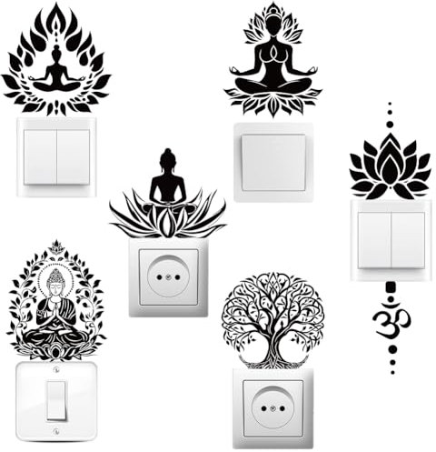 AHANDMAKER 6 adesivi per piastra interruttore della luce, design spirituale consapevole, fiori di loto, adesivi per interruttore della luce, prese a parete, camera da letto, soggiorno, computer