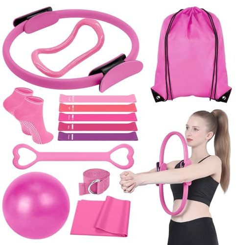 YQBFB 13 Teiliges Pilates Ring Kreis Set: Pilates Set mit 38cm Pilates Ring 25cm Yoga Ball und Widerstandsbänder - Home Gym Equipment für Frauen (Pink)