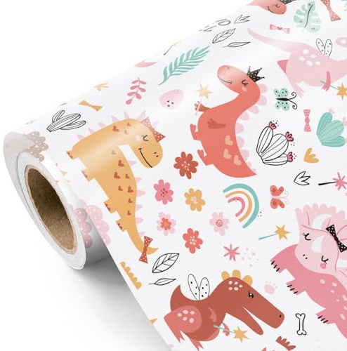 RUSPEPA Rosa Dinosaurier-Geschenkpapier – Mini-Rolle – 43,2 cm x 5 m – Rosa Dinosaurier-Geschenkpapier für Mädchen, perfekt für Kinder und Mädchen, Babypartys und Dino-Partys