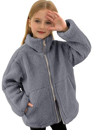 Teddyjacke Kinder Mädchen Winterjacke Zwei Wege Reißverschluss Teddy Fleecejacke Einfarbig Full Zip Stehkragen Wintermantel Dick Outdoor Warme Wolljacke mit Taschen Flauschig Plüschjacke Fleecemantel
